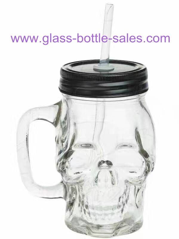 16oz Skull Style Glass Drink Jar With Cap and Straw
